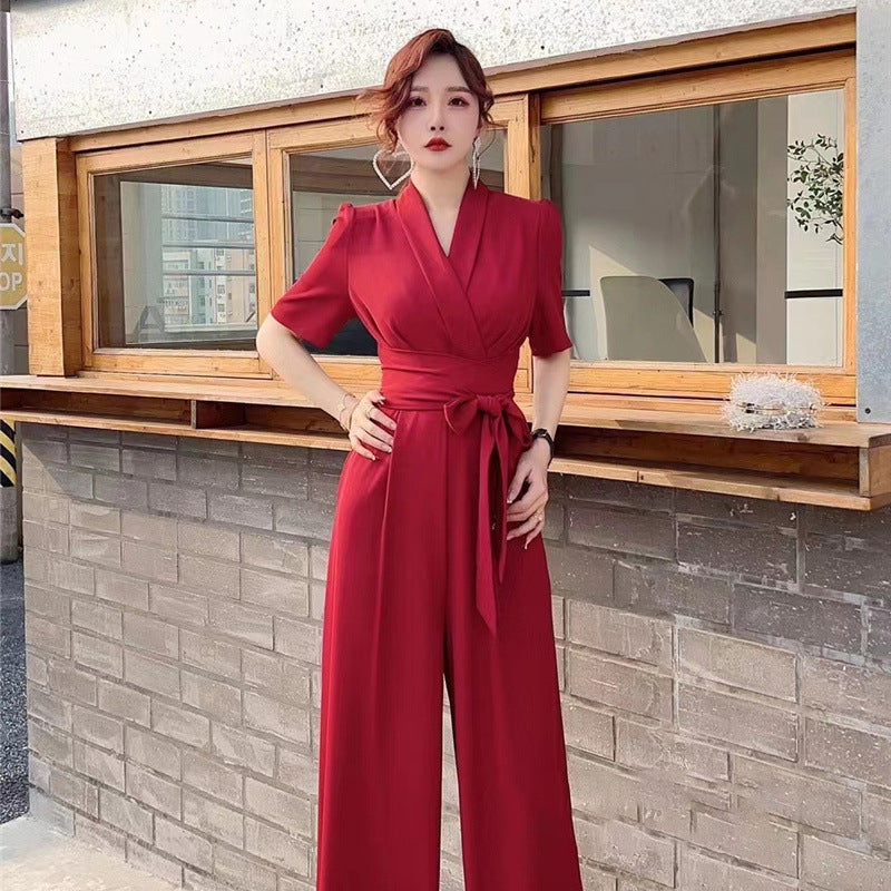 Elegant High-Waist Lace-Up Wide-Leg Jumpsuit, Slimming and Chic in Solid Color