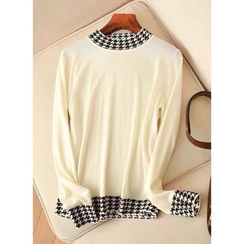 Women's Fashion Houndstooth Stitching Long-Sleeve Sweater