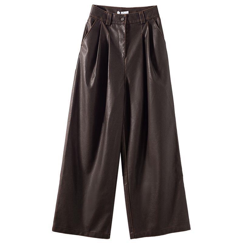 Vintage Brown Pleated PU Leather Pants for Women