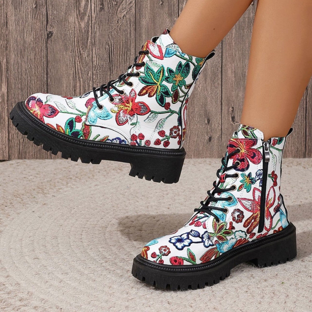 Women's Multicolor Printed Flat Low-Heel Martin Boots