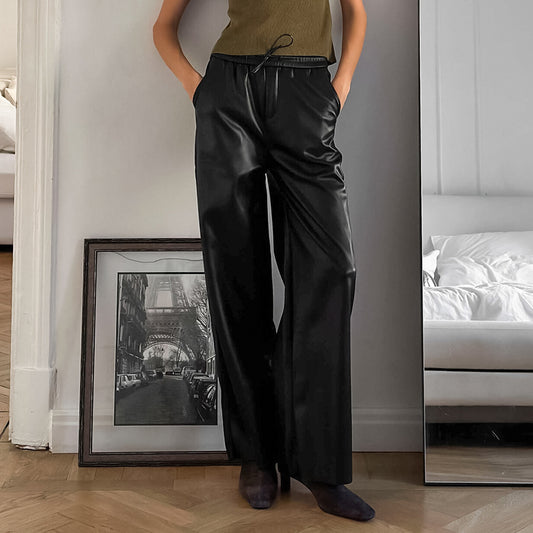 Casual High-Waisted Leather Trousers