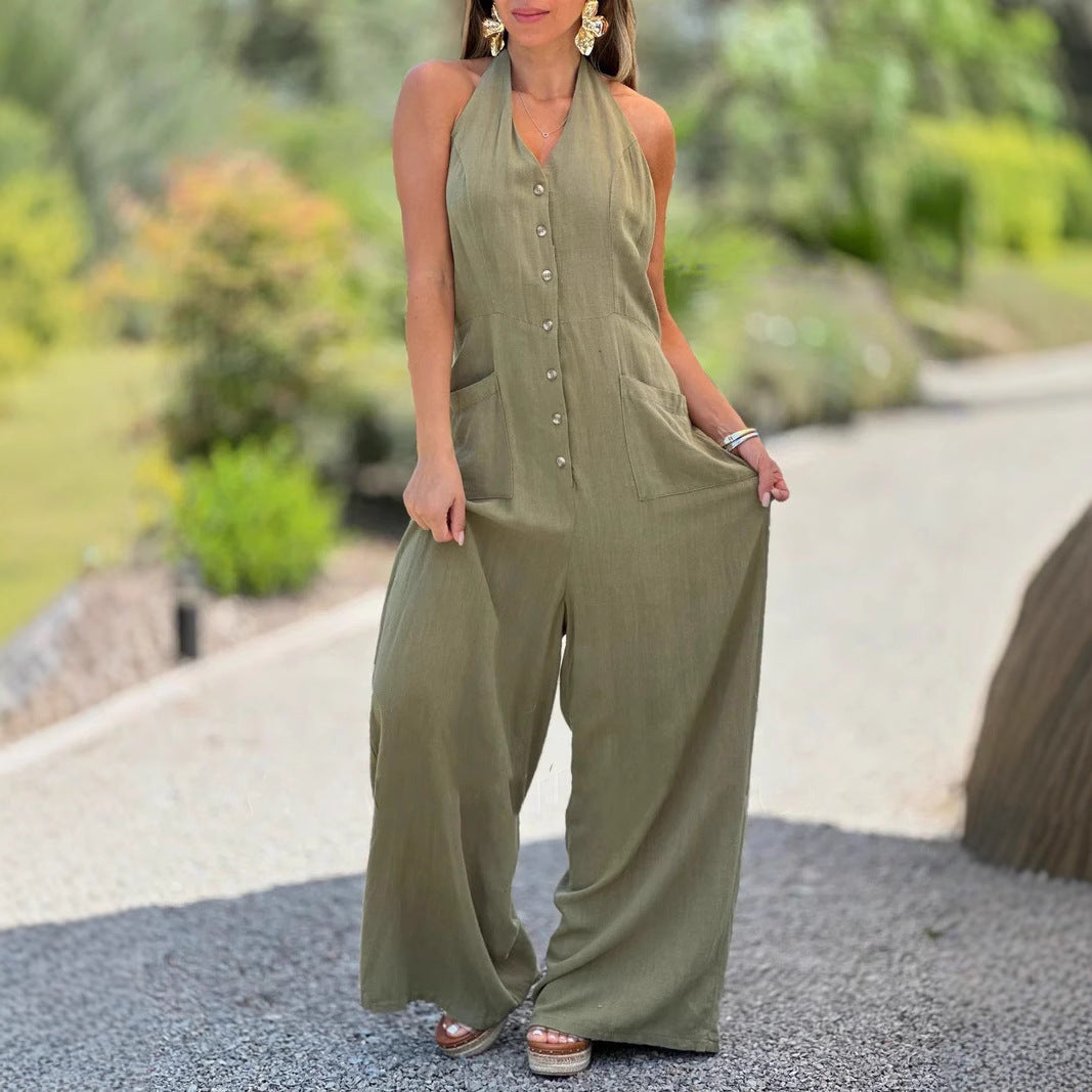 Solid Color Backless Sleeveless Jumpsuit – Loose Cotton Linen Style