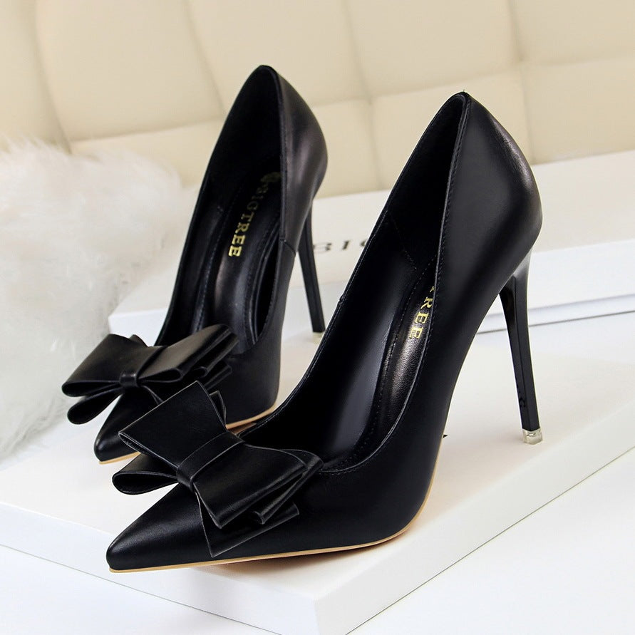 Shallow Mouth Pointed Toe Single Shoes with Bow Detail