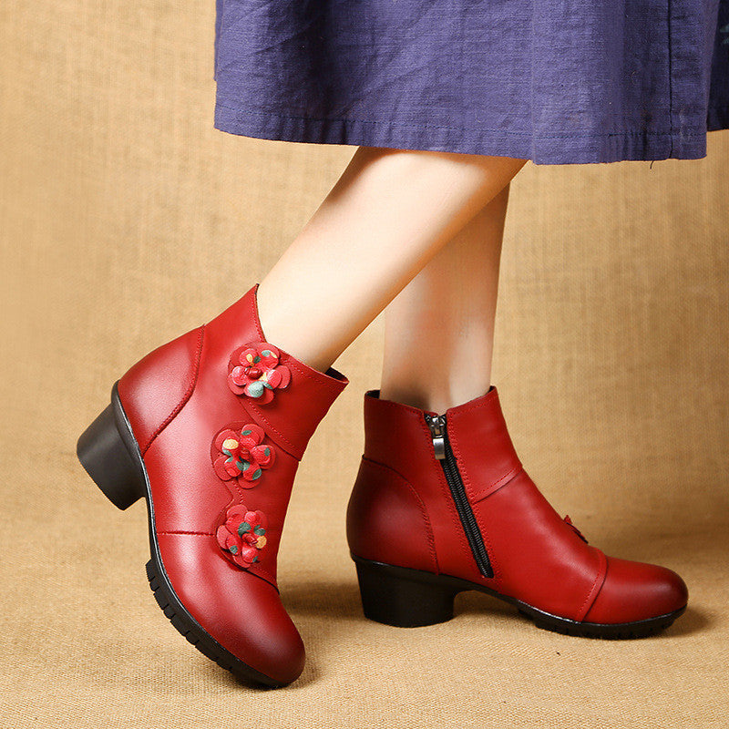 Ethnic Style Leather Mid-Heel Ankle Boots