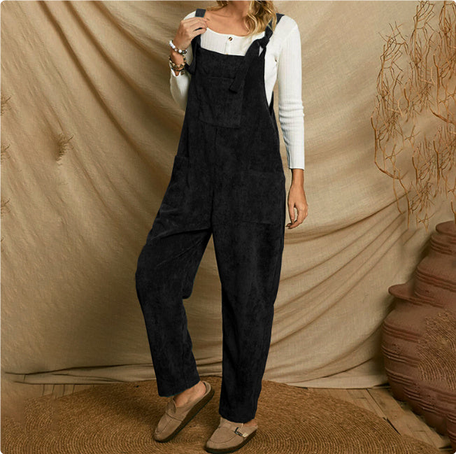 Corduroy Jumpsuit with Shoulder Straps and Multi-Pocket Design