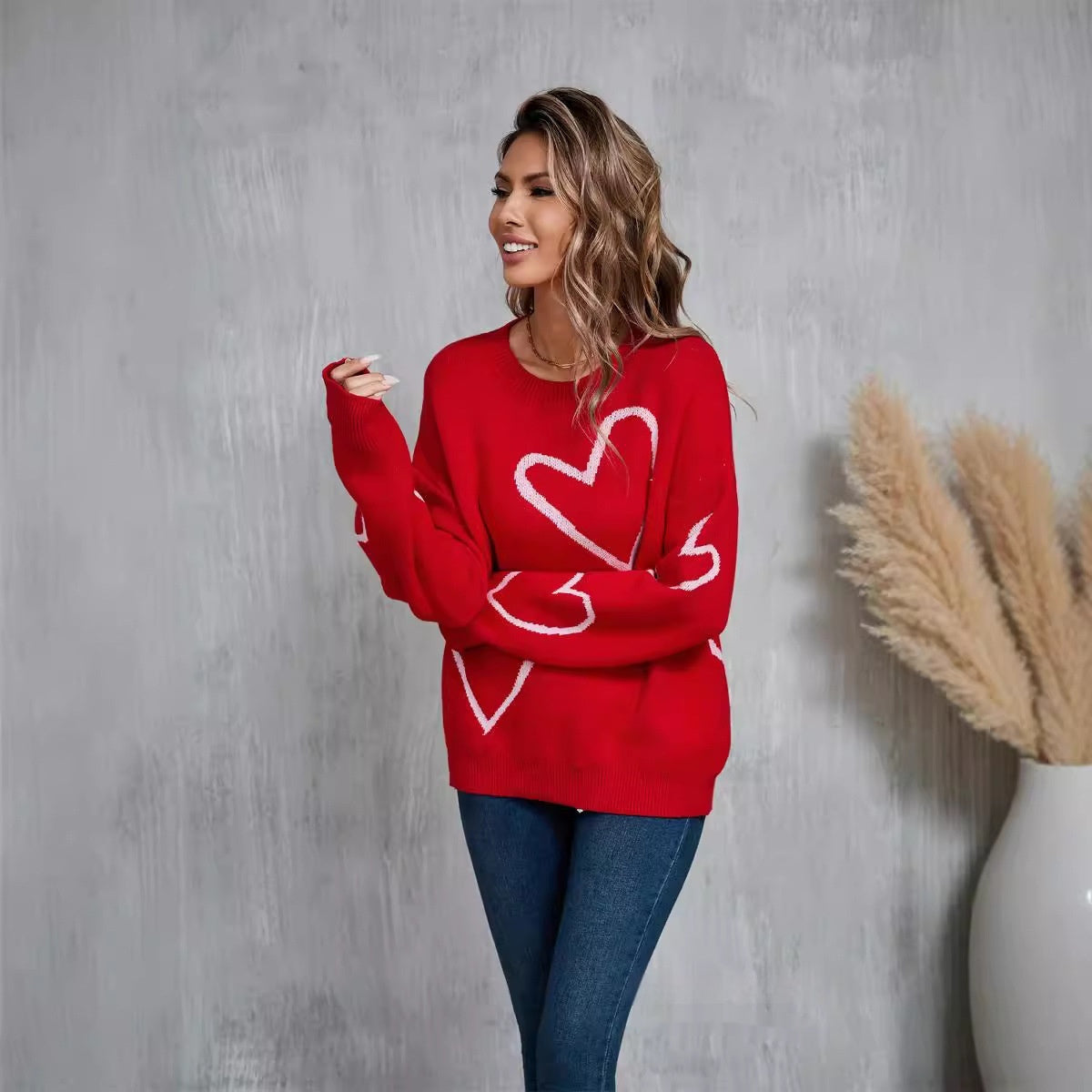 Valentine's Day Women's Pullover Sweater with Big Peach Heart Contrast Design