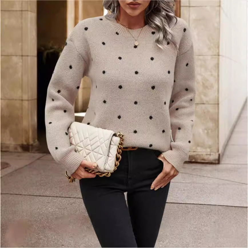 Fashion Round Neck Polka Dot Jacquard Long Sleeve Sweater – Trendy and Comfortable Pullover