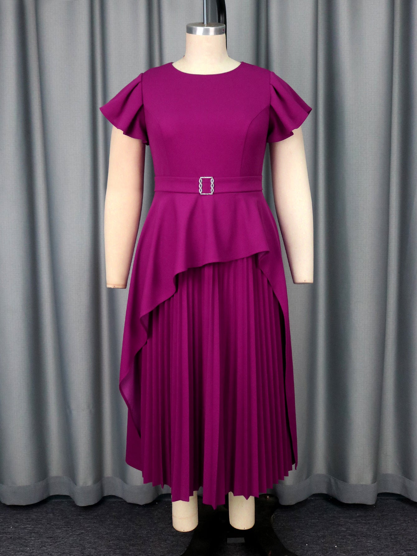 Women's Round Neck Short Sleeve Ruffled Long Pleated Dress