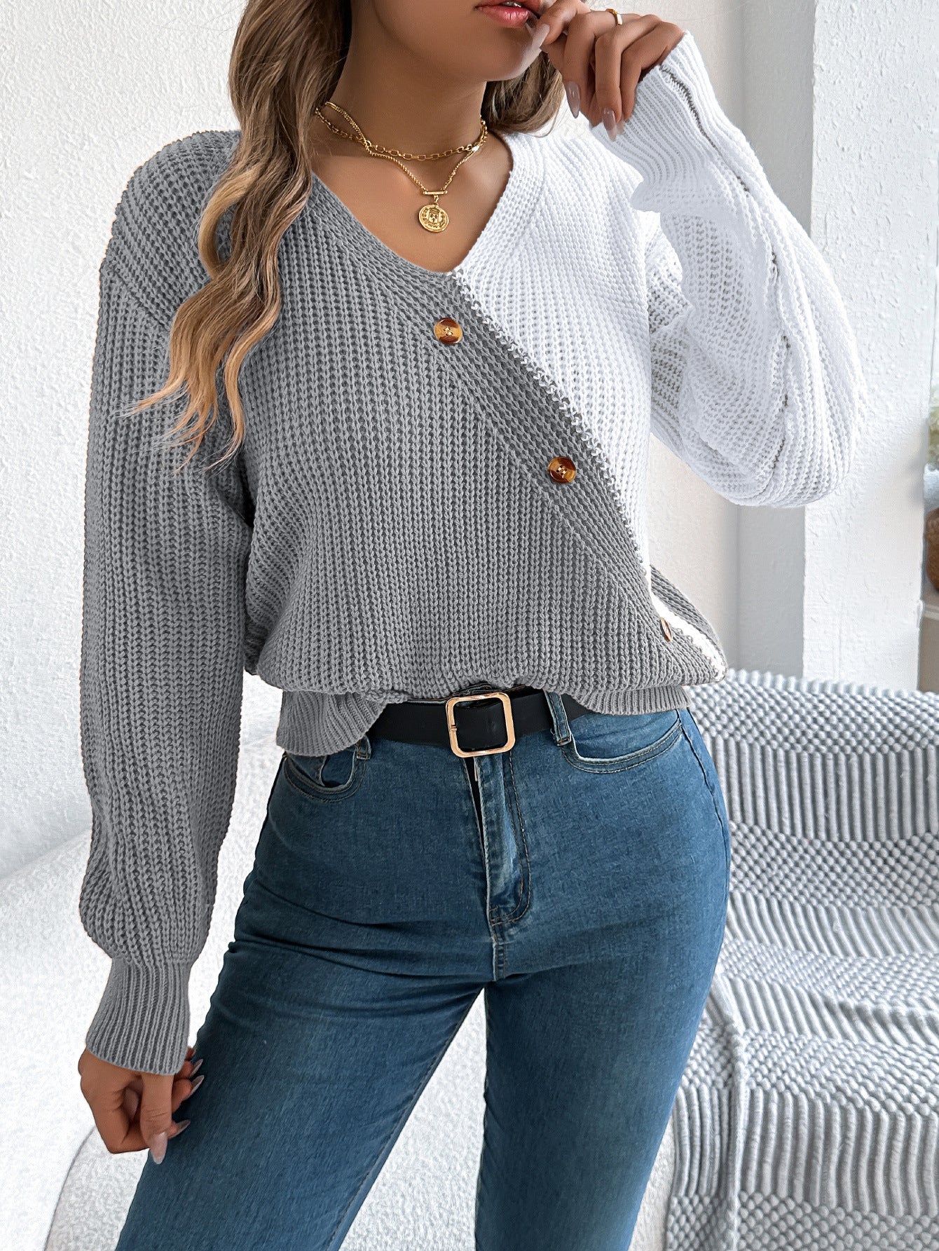 Casual V-Neck Button-Down Contrast Color Lantern Sleeve Pullover Sweater