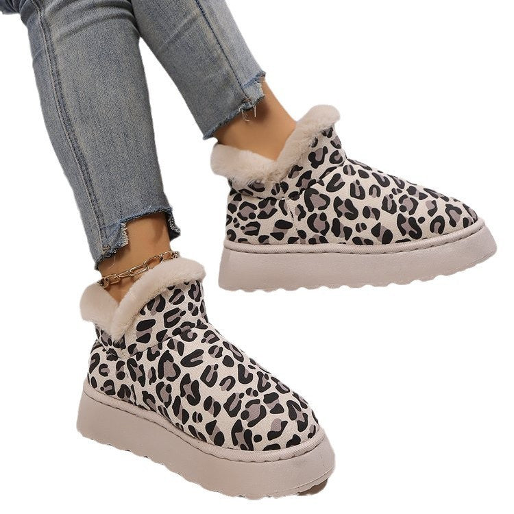 Thickened Fleece-Lined Leopard Print Slip-On Cotton Boots