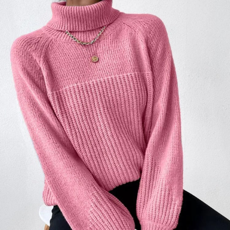 Women's Simple Lapel Raglan Sleeve Pullover Knitted Sweater