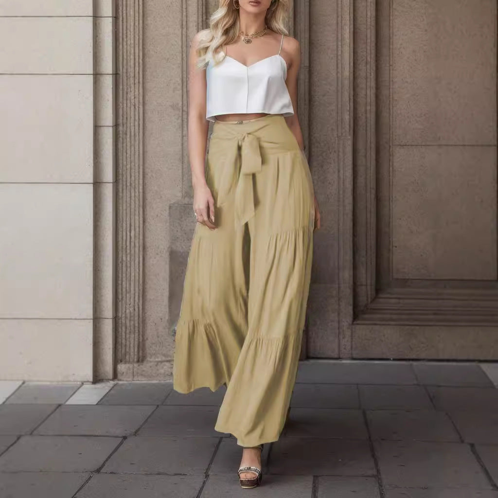 Women's Fashion Tie Elastic Waist Pleated Wide-leg Pants