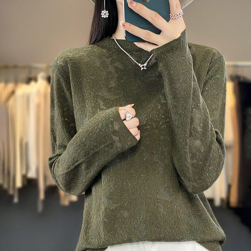 Women's Fashionable Half Turtleneck Hollow-Out Sweater, Loose-Fit Pullover Knit