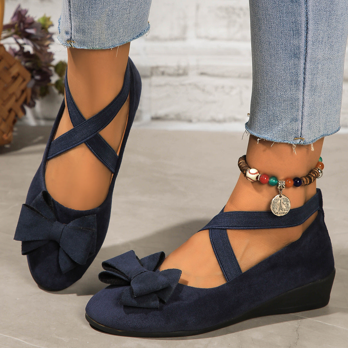 Suede Wedge Shoes with Bow and Cross Elastic Band – Oversized Design