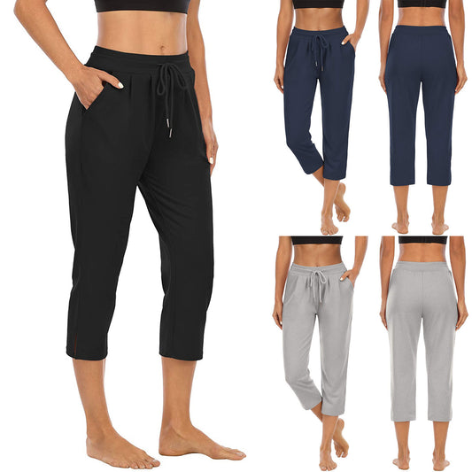 Women's Solid Color Pocket High Top Sports Fitness Yoga Wide Leg Cropped Pants