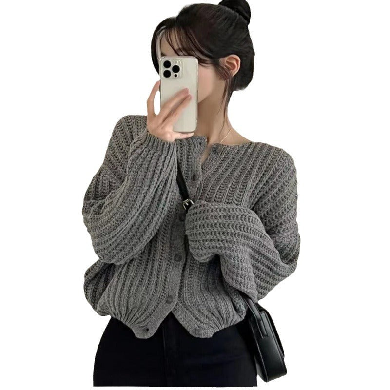 Lazy Solid Color Women's Sweater Coat – Loose Round Neck Single-Breasted Top