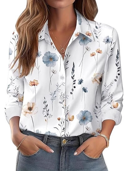 Women's European And American Versatile Printed Casual Lapel Long-sleeve Shirt