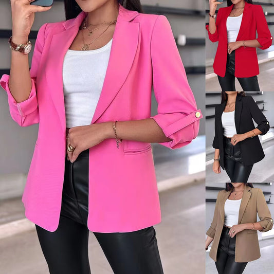 Women's Casual Blazer with Rolled Sleeves and Pockets