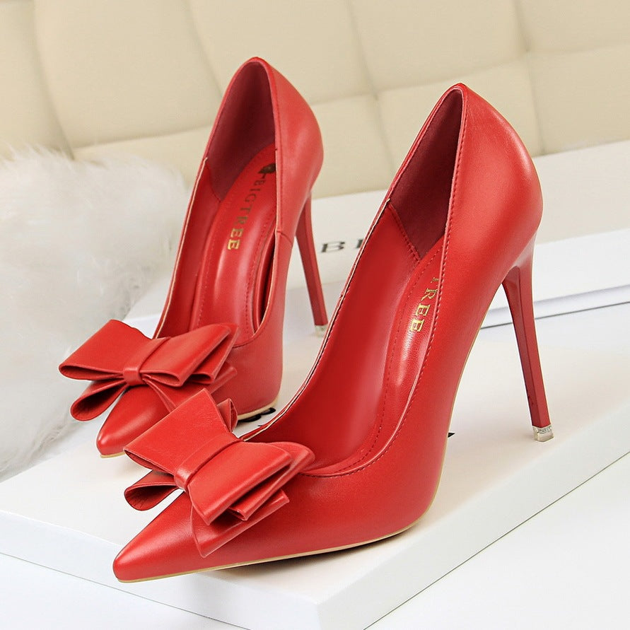 Shallow Mouth Pointed Toe Single Shoes with Bow Detail