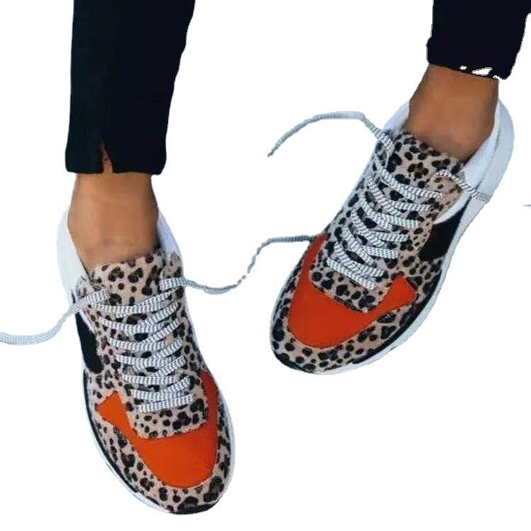 Leopard Print Color-Block Lace-Up Casual Horse Hair Sneakers