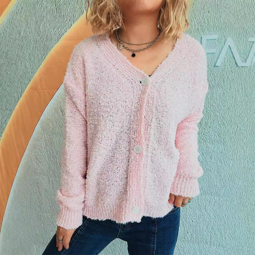 Women's Solid Color V-Neck Single-Breasted Long Sleeve Seersucker Knitted Cardigan Coat