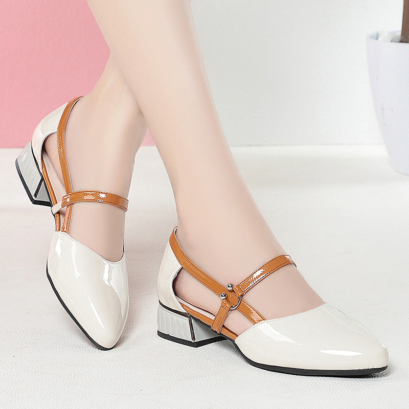 Bright Leather Soft Bottom Contrast Color Hollow Women's Sandals