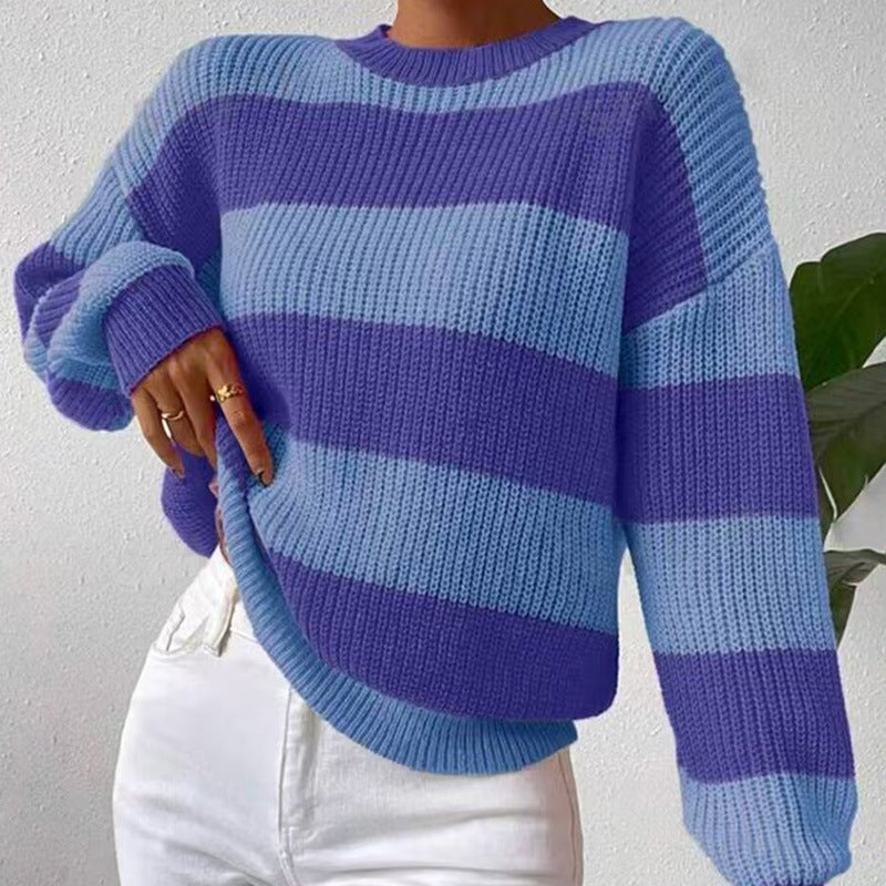 Women's Loose Fit Striped Sweater - Long Sleeve Pullover