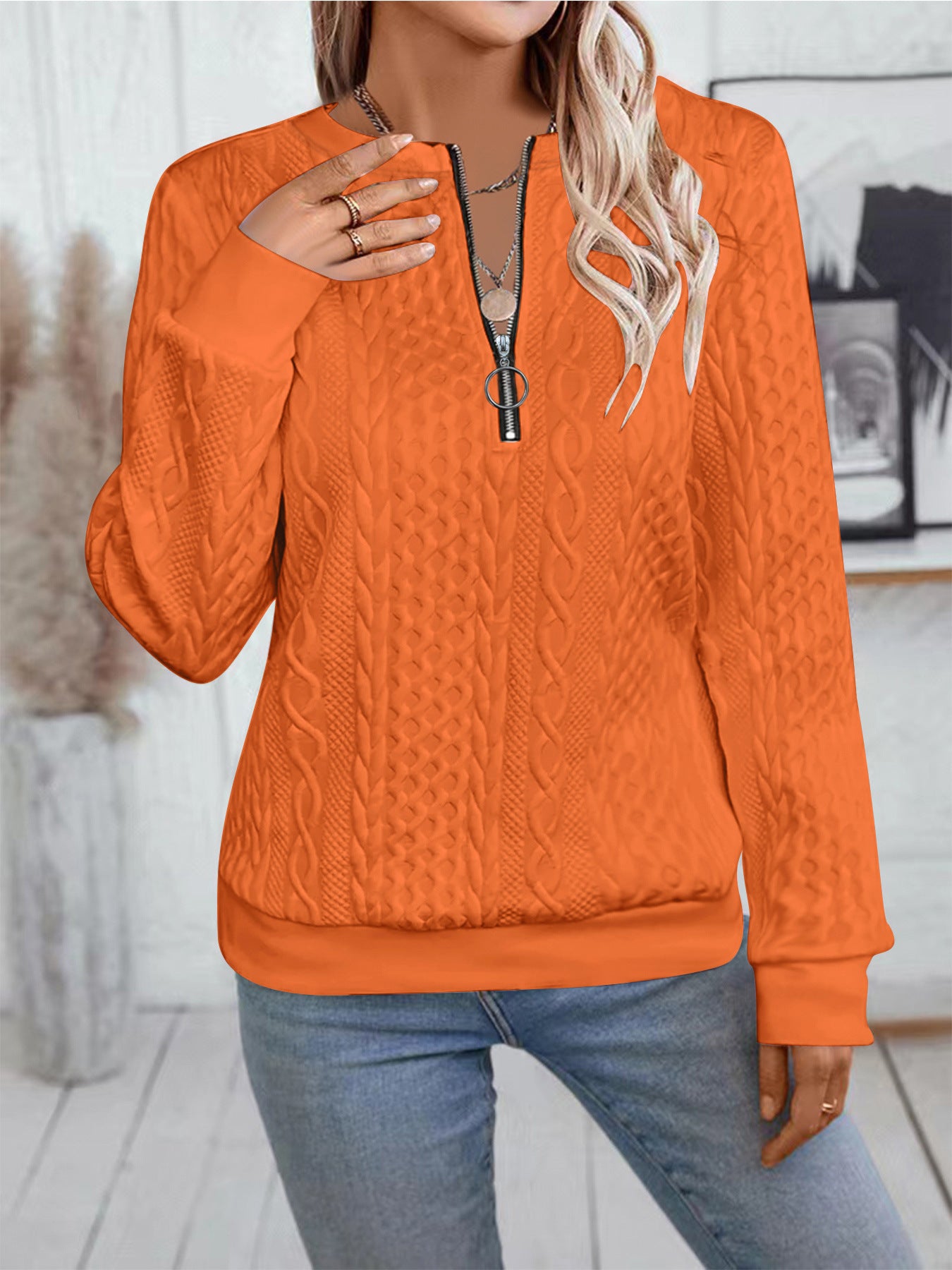 Women's Casual Long-Sleeve Zipper Sweater with Stylish Neckline