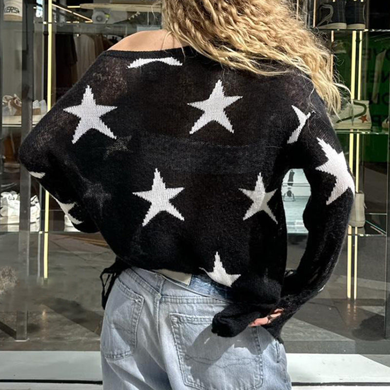 European and American Style Streetwear Hot Girl Ripped Sweater with Five-Pointed Star Design