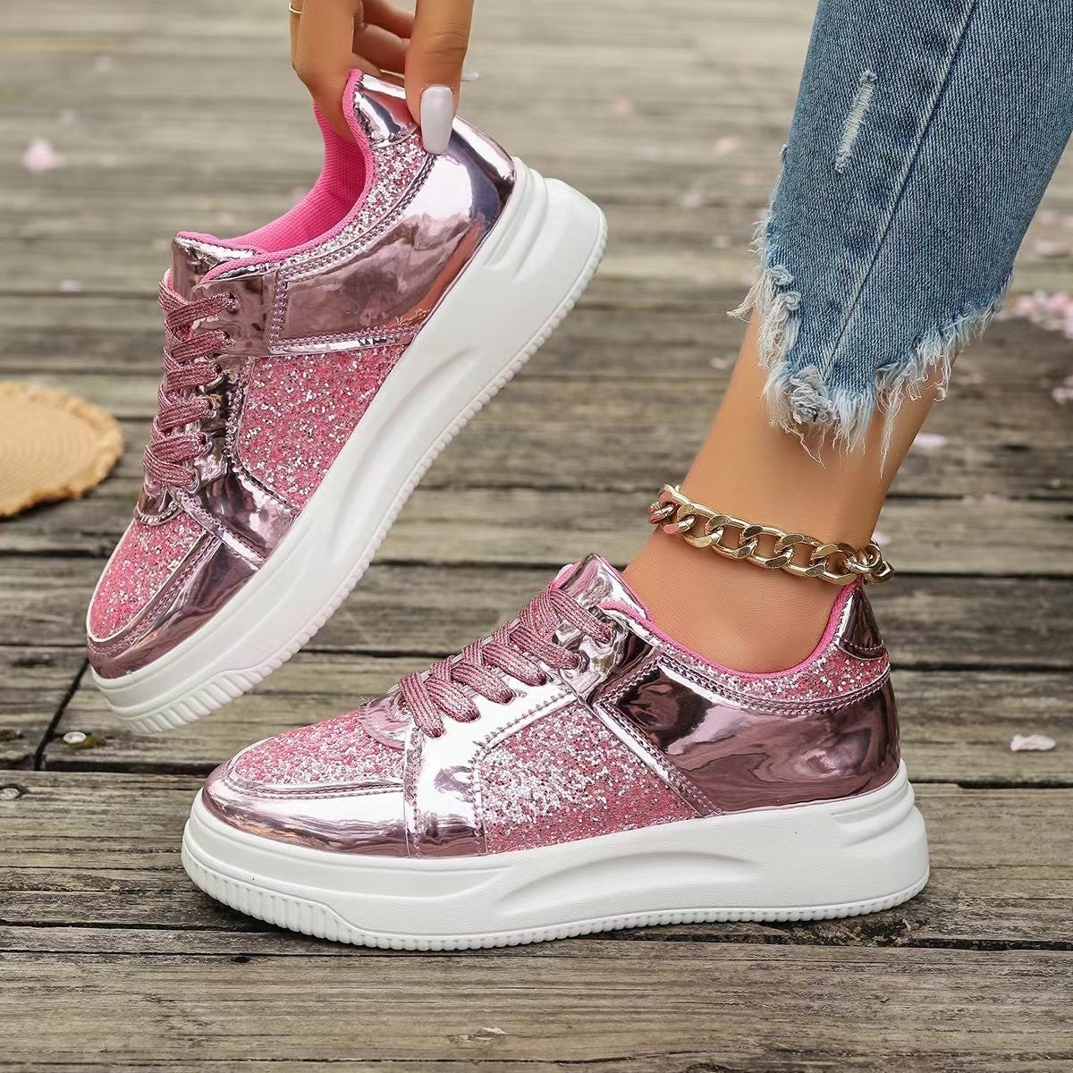 Women's Fashion Lace-Up Flat Shoes – Sequin Design, Casual Sports Style, Thick-Bottom Round-Toe Sneakers