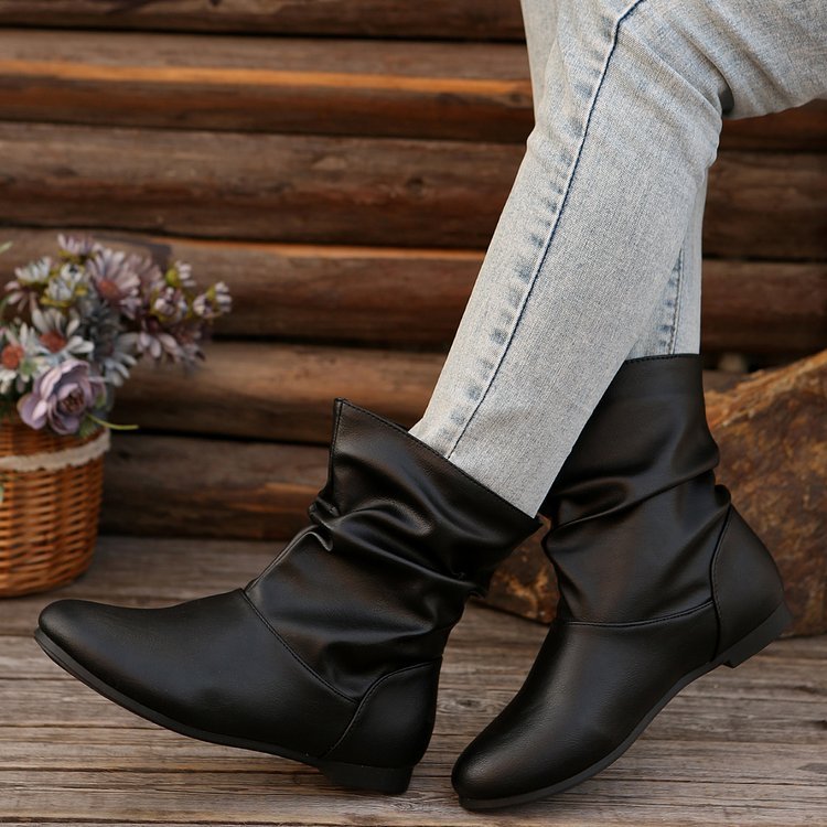 Women's Fashion Round-Toe Flat Boots – Versatile Slip-On Western Cowboy Style Casual Short Shoes