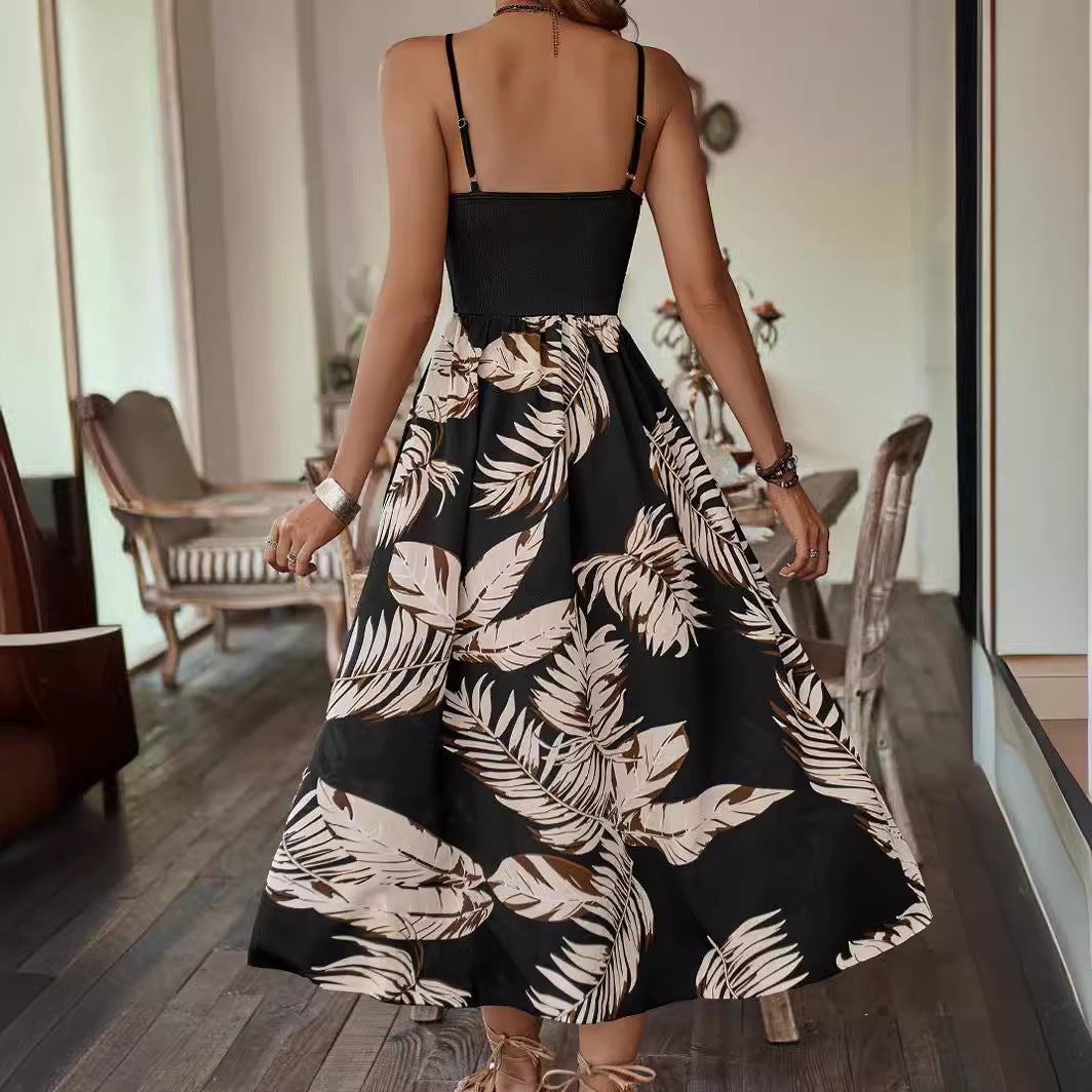 Women's Fashion Stitching Printing Waist Trimming Spaghetti Straps Dress