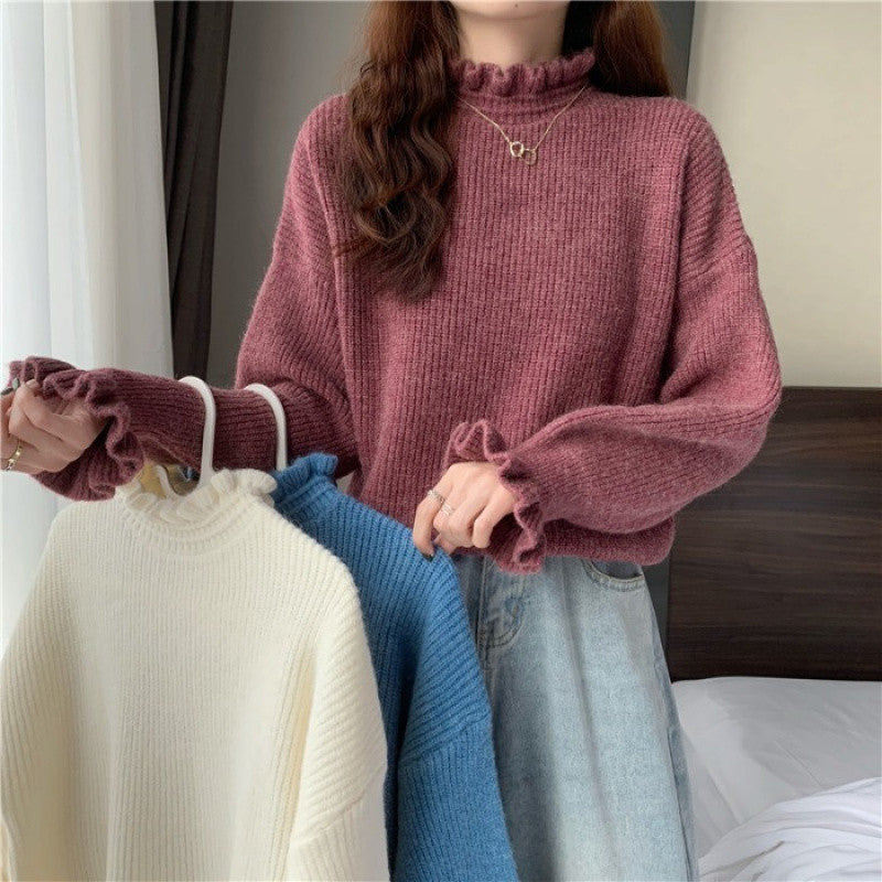 Red Wooden Ear Half Turtleneck High-Quality Sweater