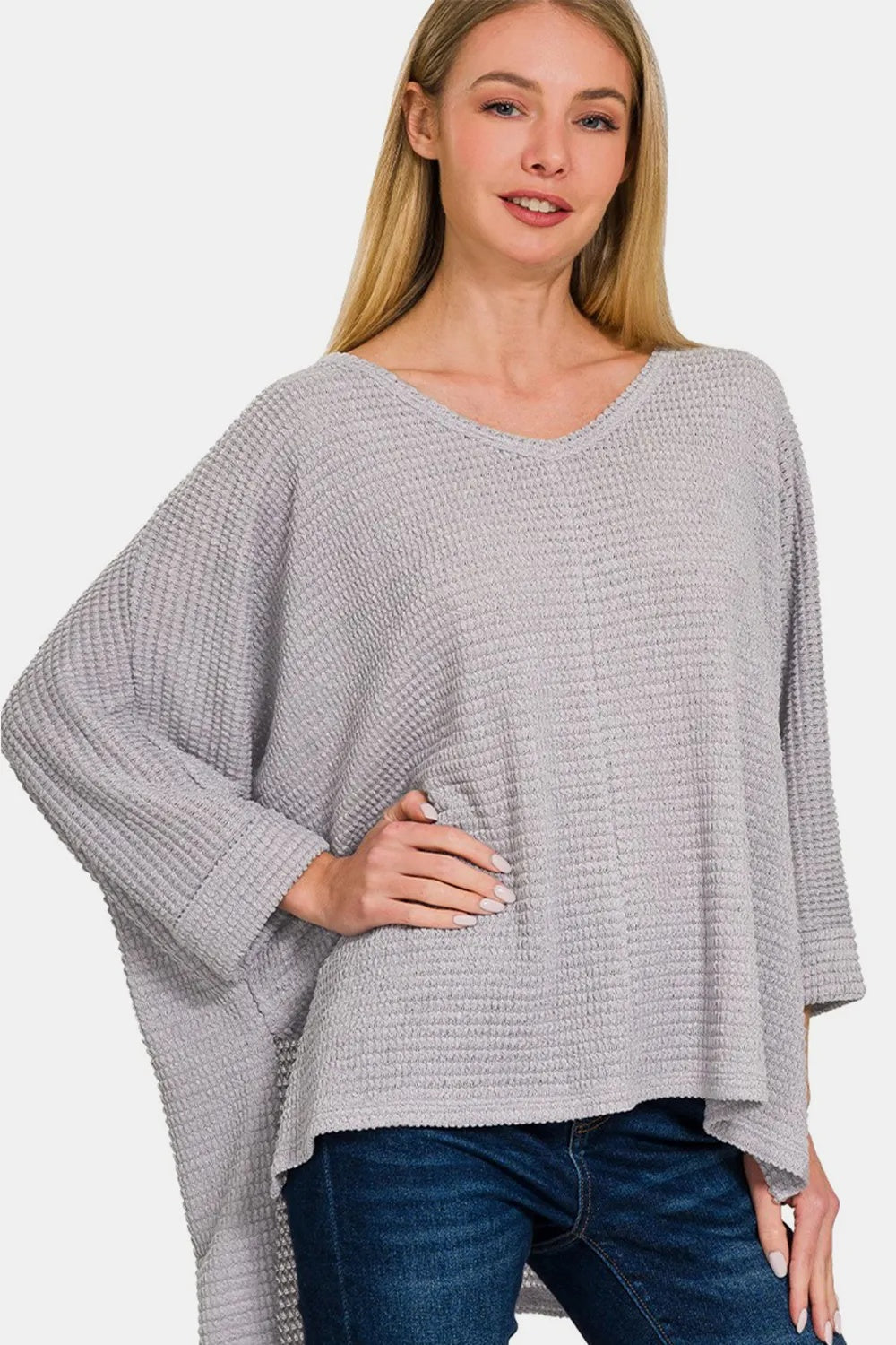 Zenana Waffle Knit V-Neck Long Sleeve Top with Side Slits