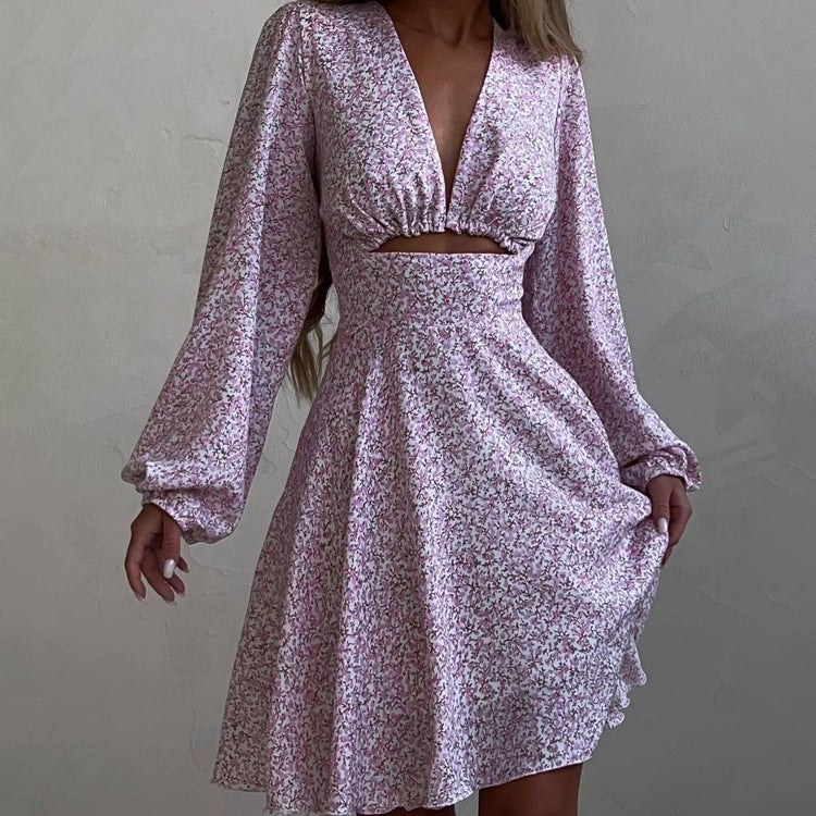 Long Sleeve V-Neck Hollow Printed Dress