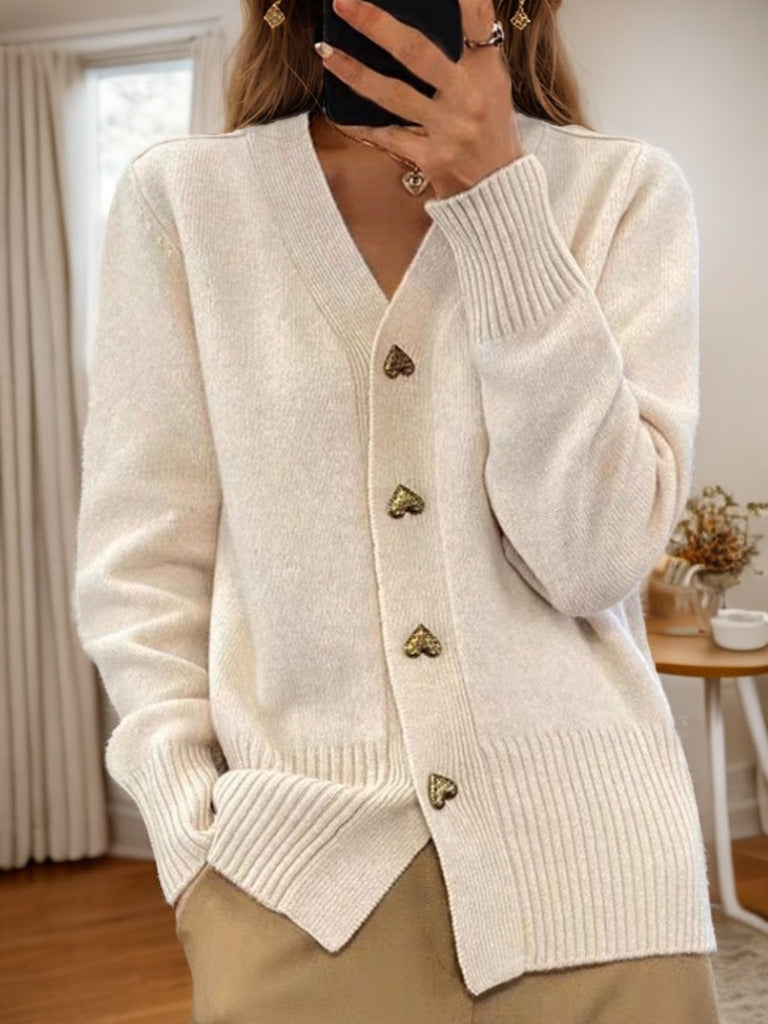 New Autumn & Winter Solid Color Long Sleeve V-Neck Knitted Cardigan