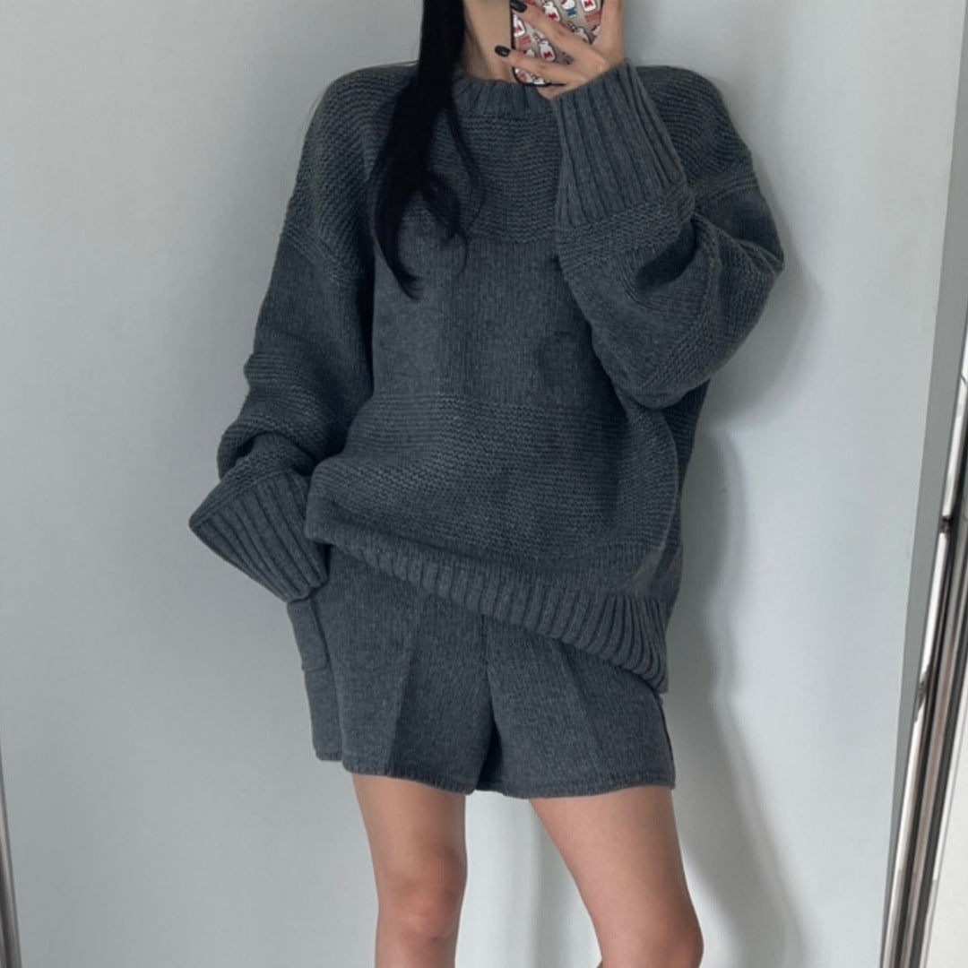 Fitted Long Sleeve Sweater with High-Waist Wide-Leg Shorts