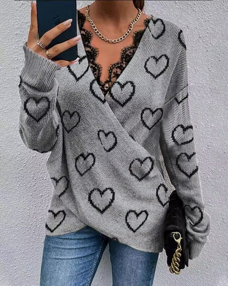 Lace-Trim Printed Long-Sleeve Top