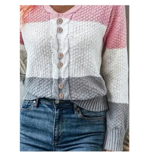 V-Neck Long Sleeve Pullover Knit Top with Fake Button Detail