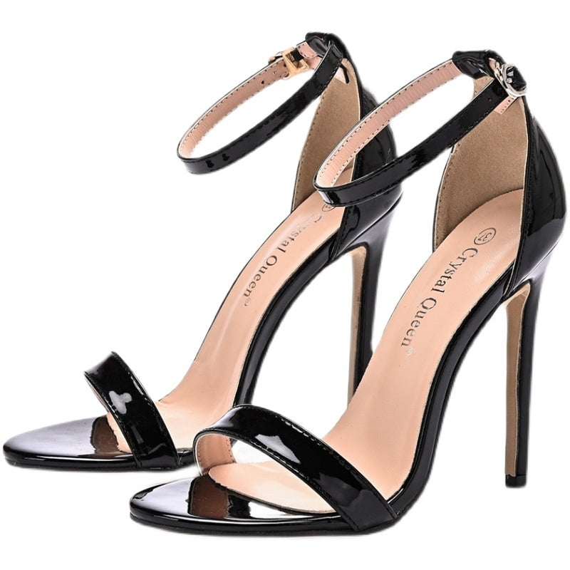 Women's Black Peep Toe Shoes with Buckle Detail