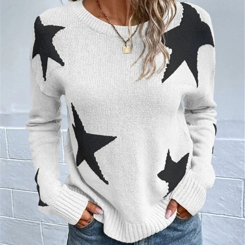 Loose-Fit Round Neck Pullover Sweater with Pattern, Long Sleeves