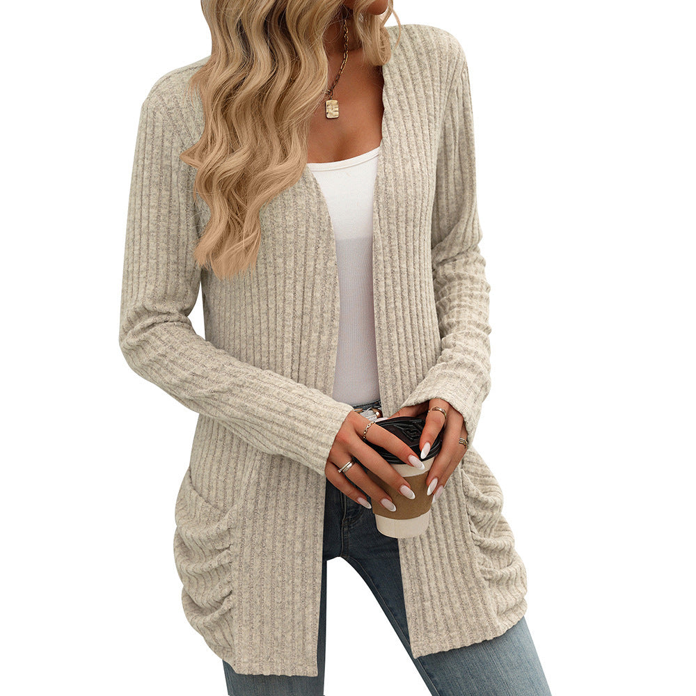 Solid Color Ribbed Brushed Pocket Cardigan – Long Sleeve Coat for Women