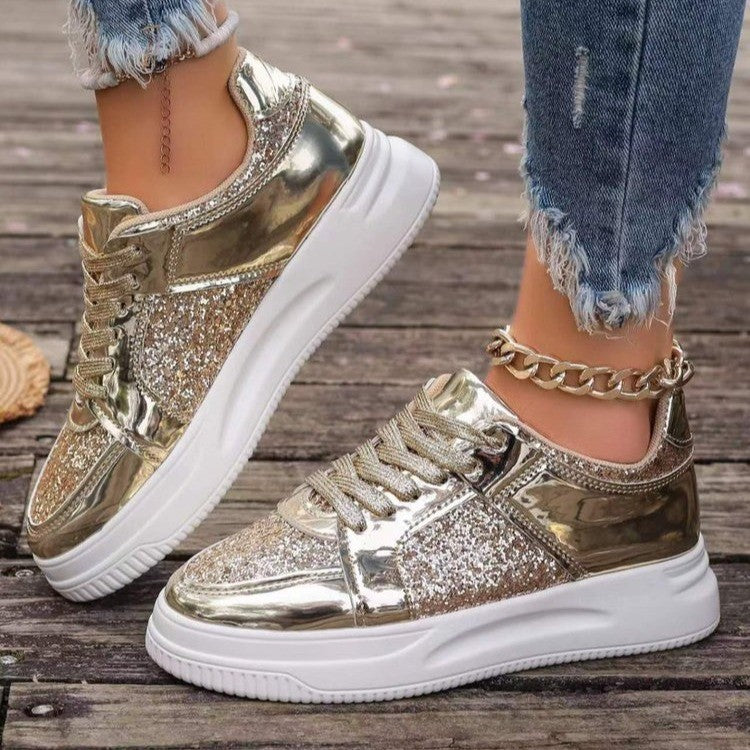 Women's Fashion Lace-Up Flat Shoes – Sequin Design, Casual Sports Style, Thick-Bottom Round-Toe Sneakers