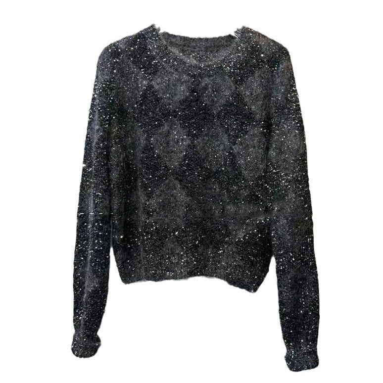 Crew Neck Pullover Sweater with Bead Yarn Rhombus Jacquard Design