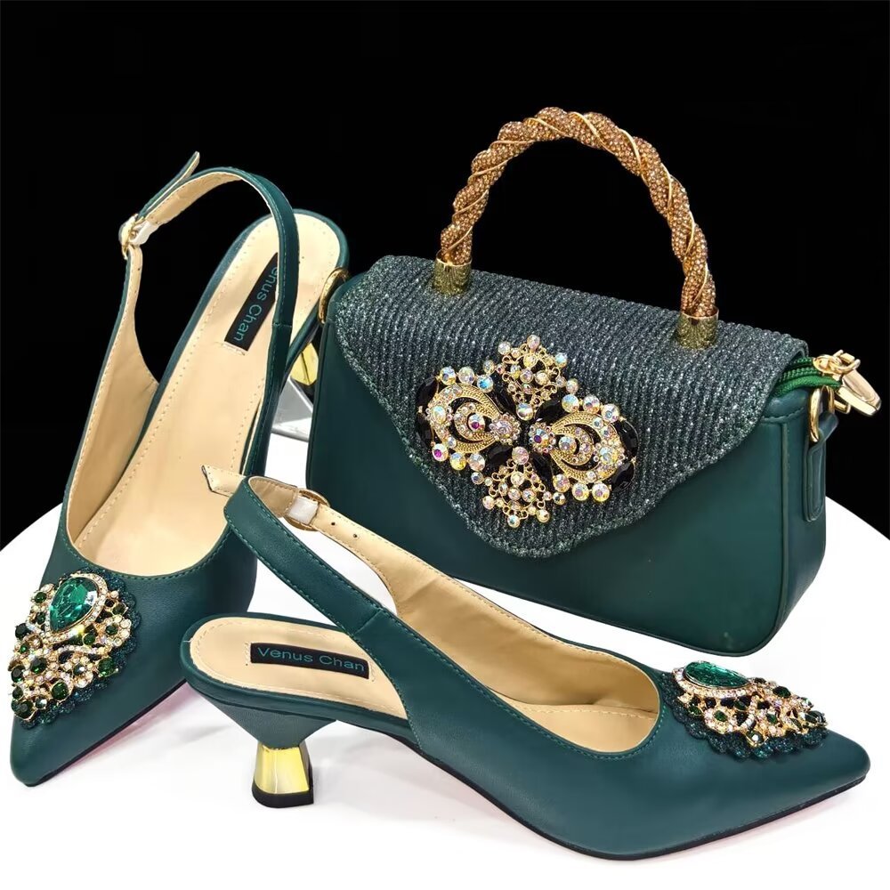 Casual French Style Small Square Pointed Toe Slingback High Heels with Matching Women's Shoes and Bag Set