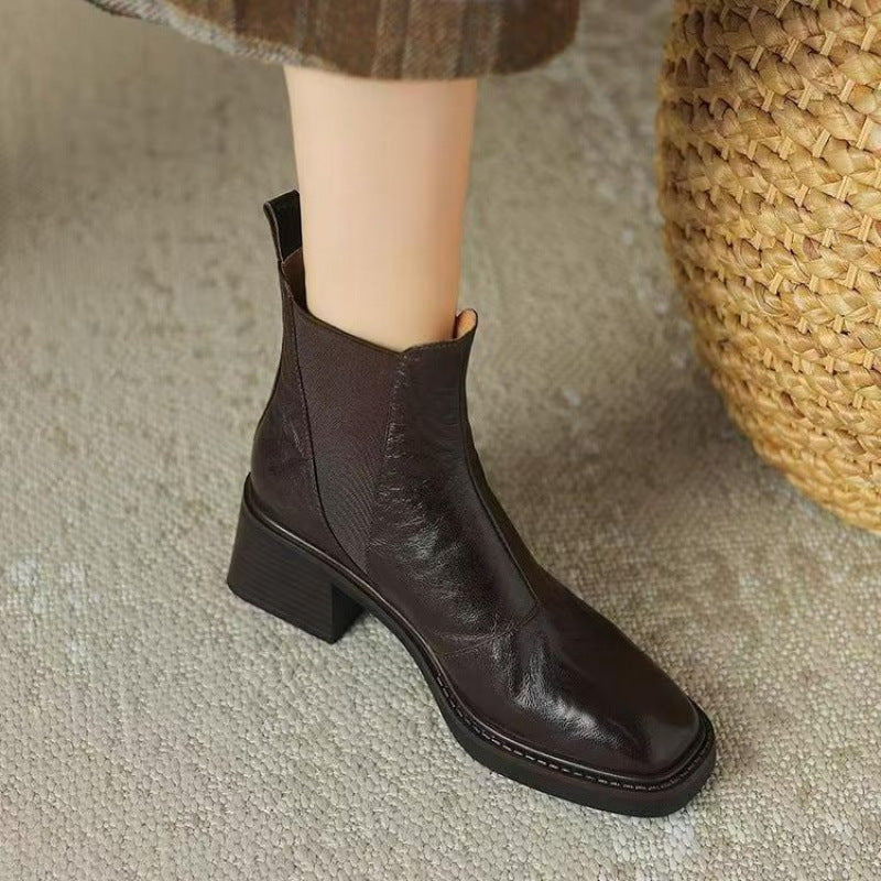 Women's Soft Leather Chunky Heel Boots in French Style