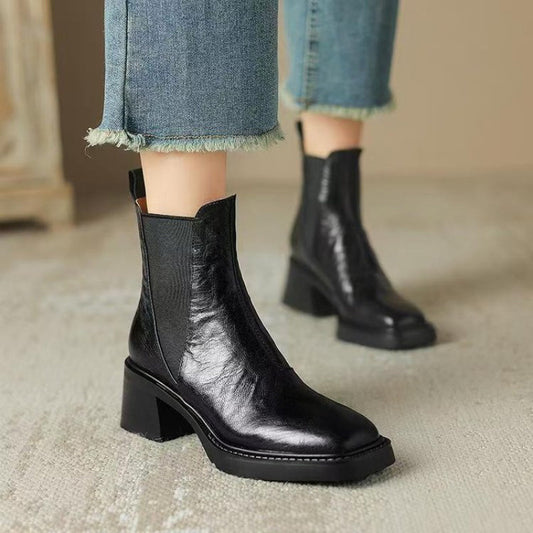 Women's Soft Leather Chunky Heel Boots in French Style