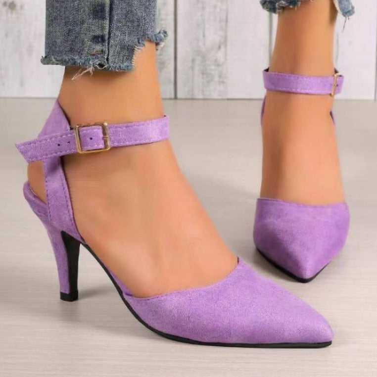 Fashionable Pointed-Toe High Heel Shoes with Square Buckle Detail