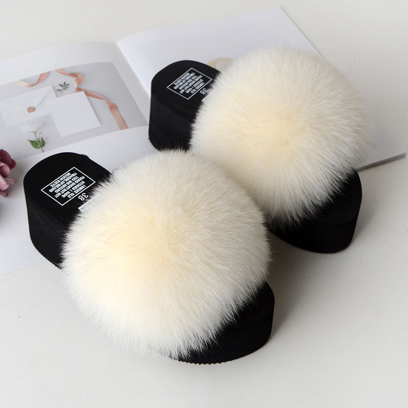 New Fox Fur Women Sandals Height Increasing Casual