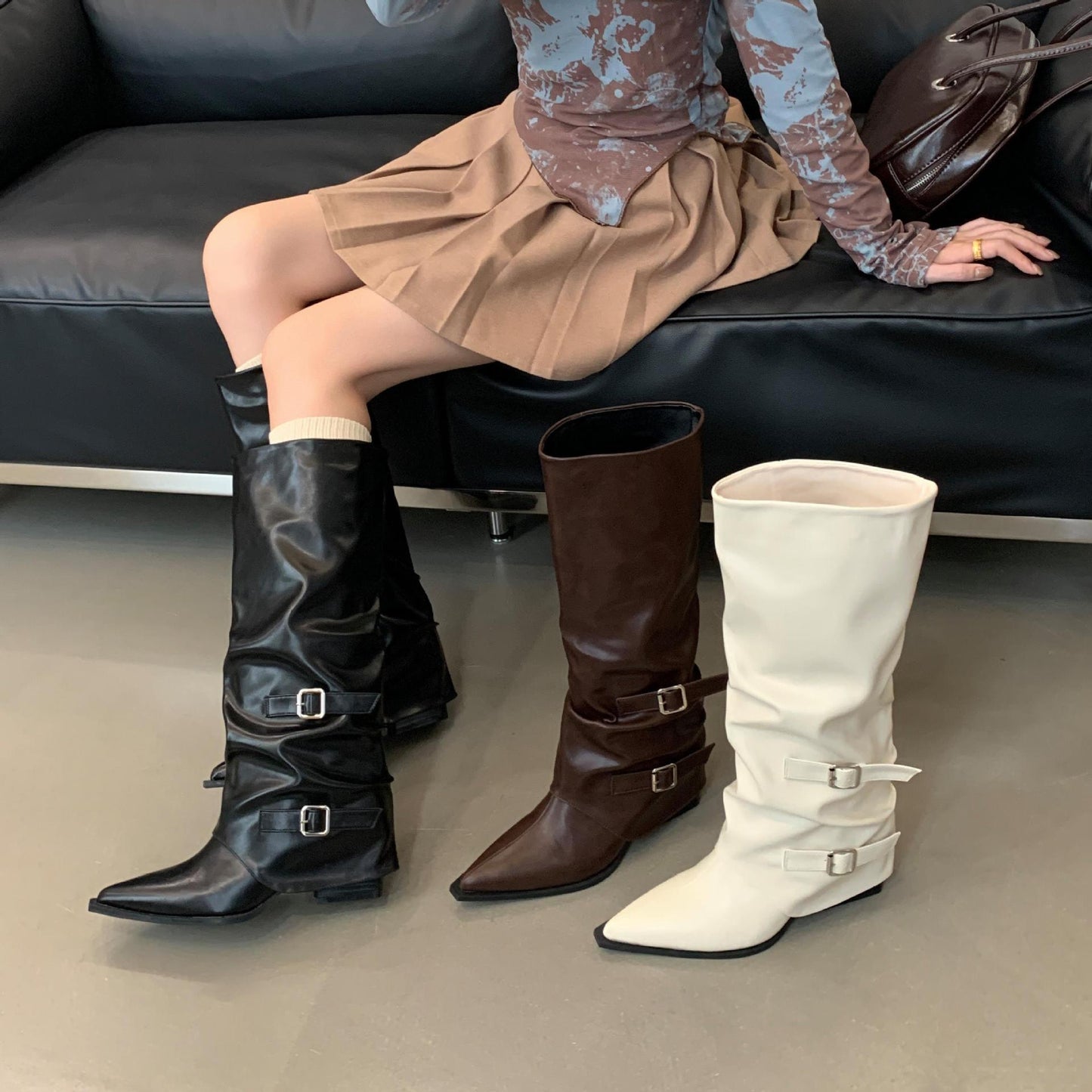 Pointed Toe Buckle Pleated Knee-high Boots – Punk Style Mid Heel Pile Boots